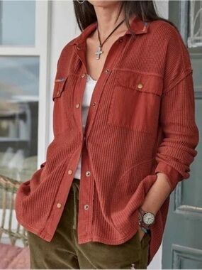 SUNDANCE Waffle Knit Prudence Oversized Boho Shirt Jacket Pockets Size Large